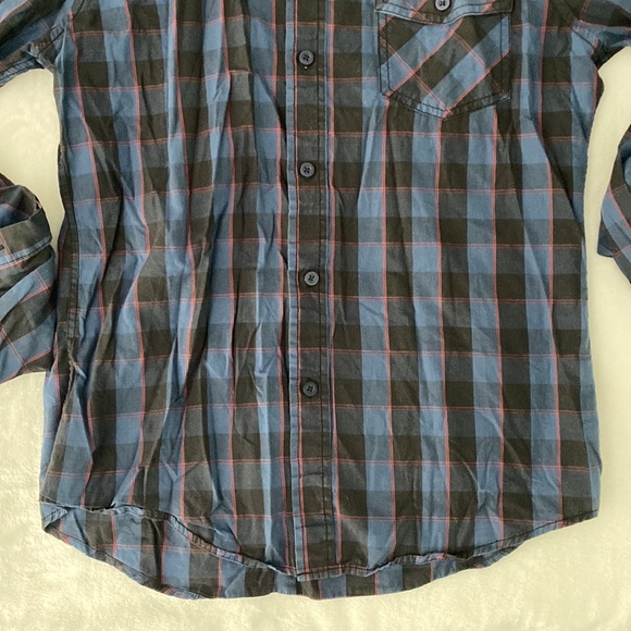 Black slim fit black and blue checkered button down shirt with red lines - Picture 6 of 17